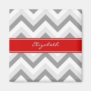 Lt Grey Med Grey White Chevron Red Name Monogram Magnet