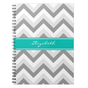 Lt Grey Med Grey White Chevron Teal Name Monogram Notebook