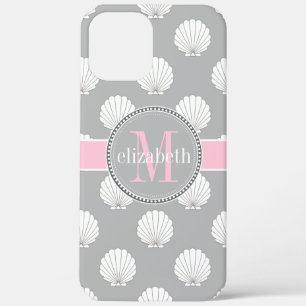 Lt Grey   Pink Clamshells Seashells Monogram iPhone 12 Pro Max Case