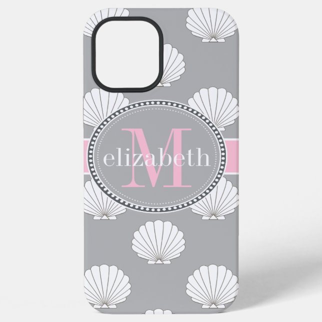 Lt Grey | Pink Clamshells Seashells Monogram iPhone Case (Back)