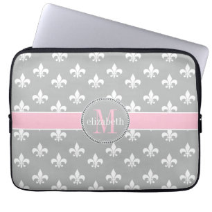 Lt Grey Pink White Fleur de Lis Monogram Laptop Sleeve