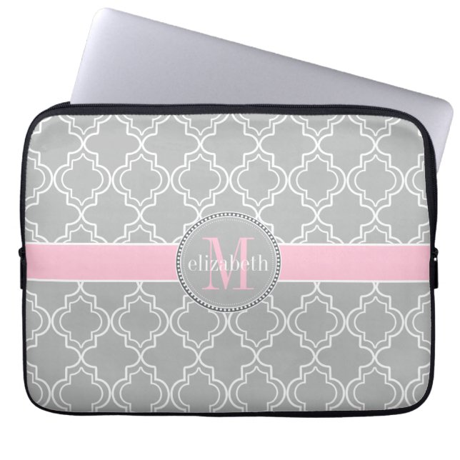 Lt Grey Pink White Moroccan Quatrefoil Monogram Laptop Sleeve (Front)