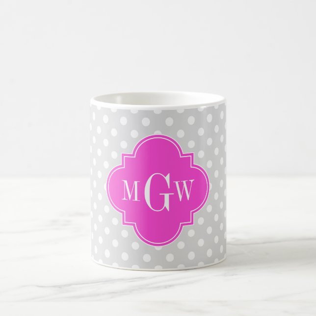 Lt Grey Polka Dot Hot Pink Quatrefoil 3 Monogram Coffee Mug (Center)