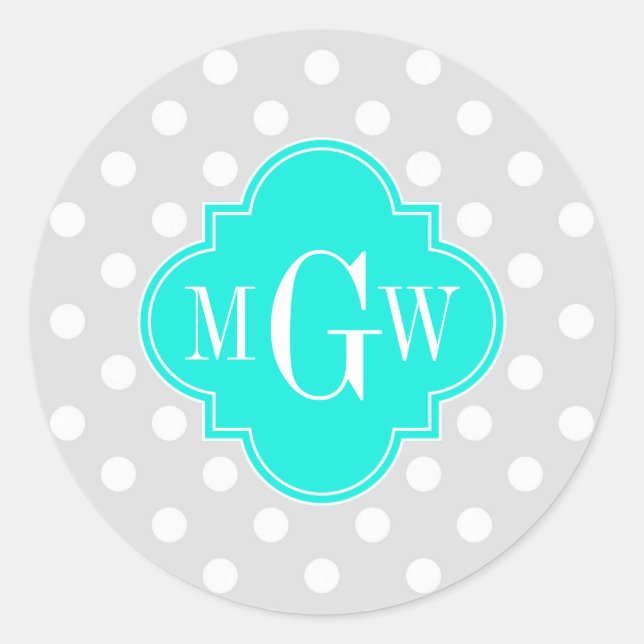 Lt Grey Polka Dots Brt Aqua Quatrefoil 3 Monogram Classic Round Sticker (Front)
