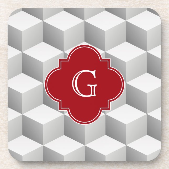 Lt Grey White 3D Look Cubes Cranberry Monogram Coaster (Front)