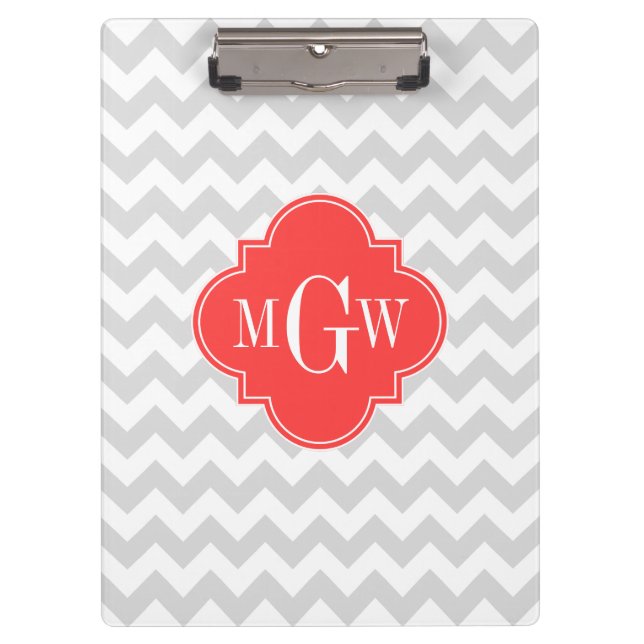 Lt Grey White Chevron Coral Quatrefoil Monogram Clipboard (Front)
