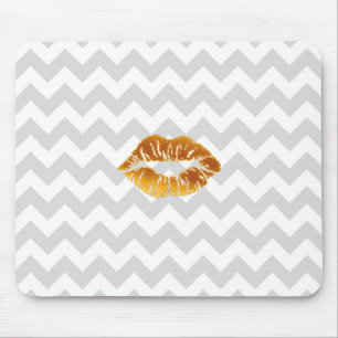 Lt Grey White Chevron, Gold Lipstick Kiss Mouse Pad