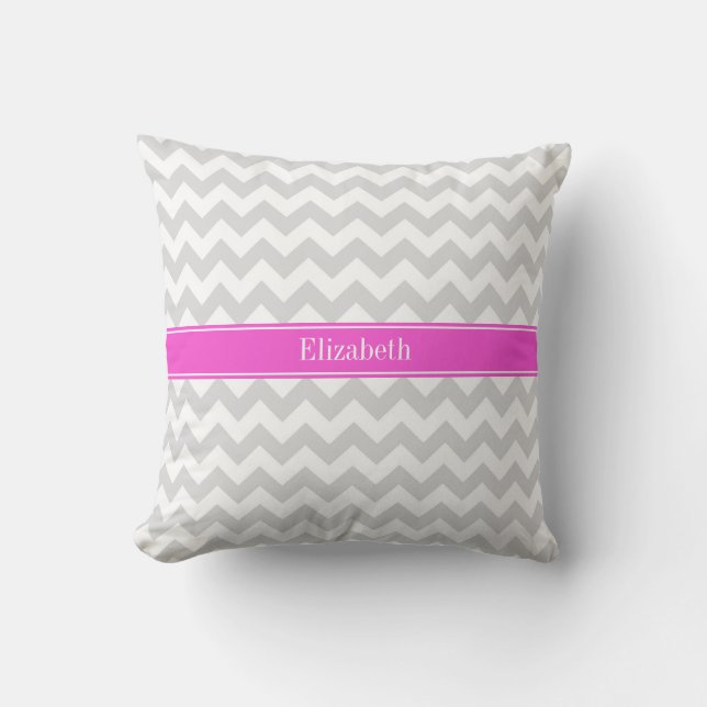 Lt Grey White Chevron Hot Pink Name Monogram Cushion (Front)