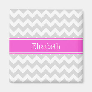 Lt Grey White Chevron Hot Pink Name Monogram Magnet