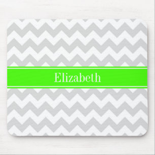 Lt Grey White Chevron Lime Green Name Monogram Mouse Pad