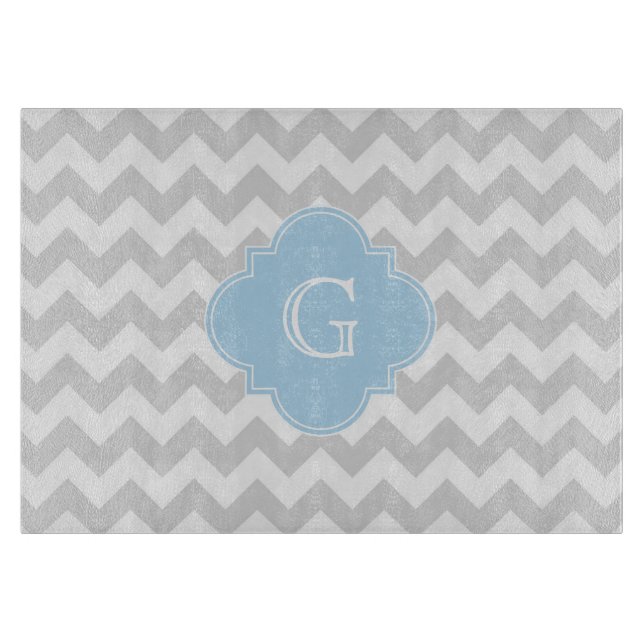 Lt Grey White Chevron Lt Blue Quatrefoil Monogram Cutting Board (Front)