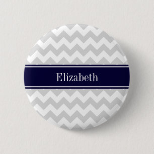 Lt Grey White Chevron Navy Blue Name Monogram 6 Cm Round Badge