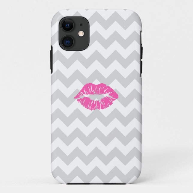Lt Grey White Chevron, Pink Lipstick Kiss Case-Mate iPhone Case (Back)
