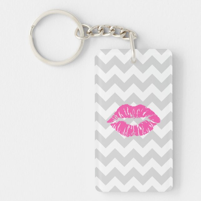 Lt Grey White Chevron, Pink Lipstick Kiss Key Ring (Front)