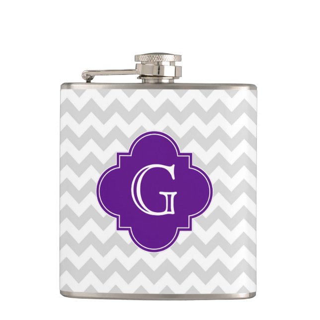 Lt Grey White Chevron Purple Quatrefoil Monogram Hip Flask (Front)
