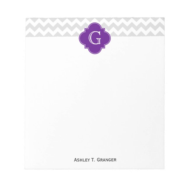 Lt Grey White Chevron Purple Quatrefoil Monogram Notepad (Front)