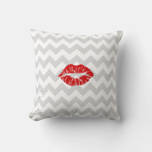 Lt Grey White Chevron, Red Lipstick Kiss Cushion