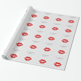 Lt Grey White Chevron, Red Lipstick Kiss Wrapping Paper