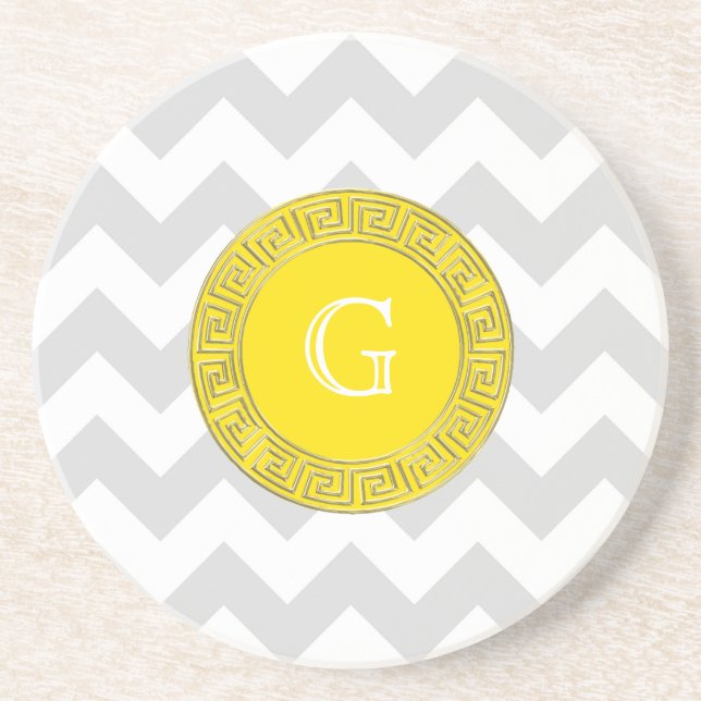 Lt Grey White Chevron Yellow Greek Key Monogram Coaster (Front)