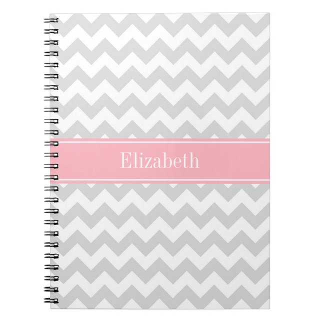 Lt Grey White Chevron Zigzag Pink Name Monogram Notebook (Front)