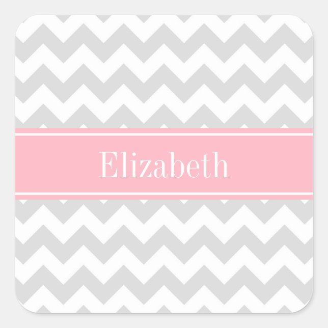 Lt Grey White Chevron Zigzag Pink Name Monogram Square Sticker (Front)