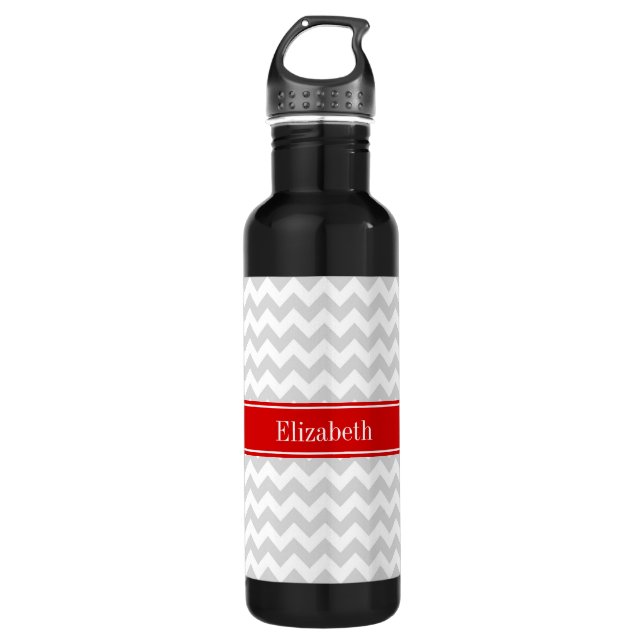 Lt Grey White Chevron Zigzag Red Name Monogram 710 Ml Water Bottle (Front)