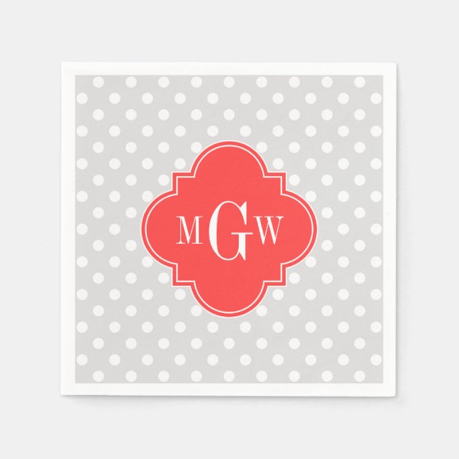 Lt Grey White Dots Coral Red Quatrefoil 3 Monogram Napkin (Front)