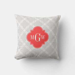 Lt Grey White Fancy Quatrefoil 3 Initial Monogram Cushion