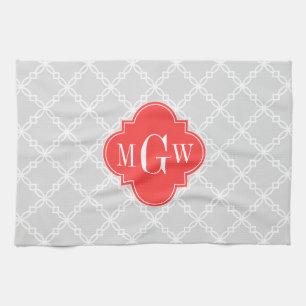 Lt Grey White Fancy Quatrefoil 3 Initial Monogram Tea Towel