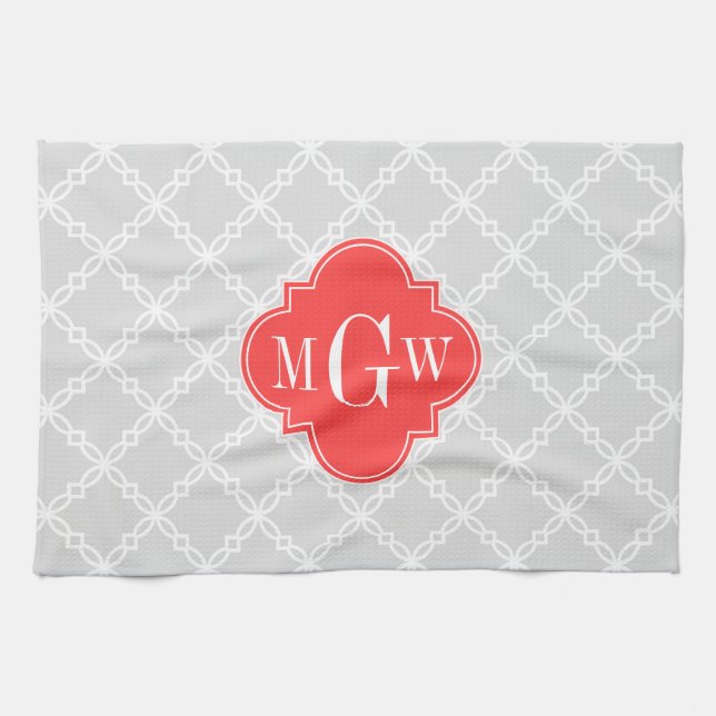 Lt Grey White Fancy Quatrefoil 3 Initial Monogram Tea Towel (Horizontal)