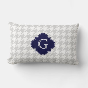 Lt Grey White Houndstooth Navy Monogram Label Lumbar Cushion
