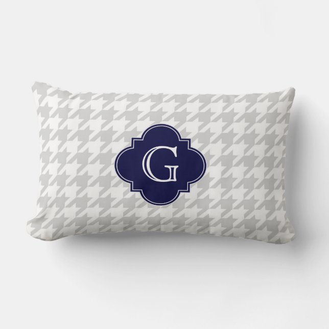 Lt Grey White Houndstooth Navy Monogram Label Lumbar Cushion (Front)