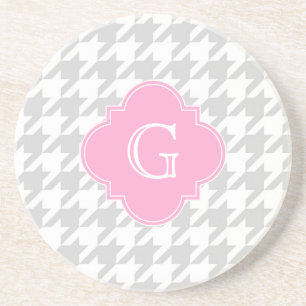 Lt Grey White Houndstooth Pink Monogram Label Coaster
