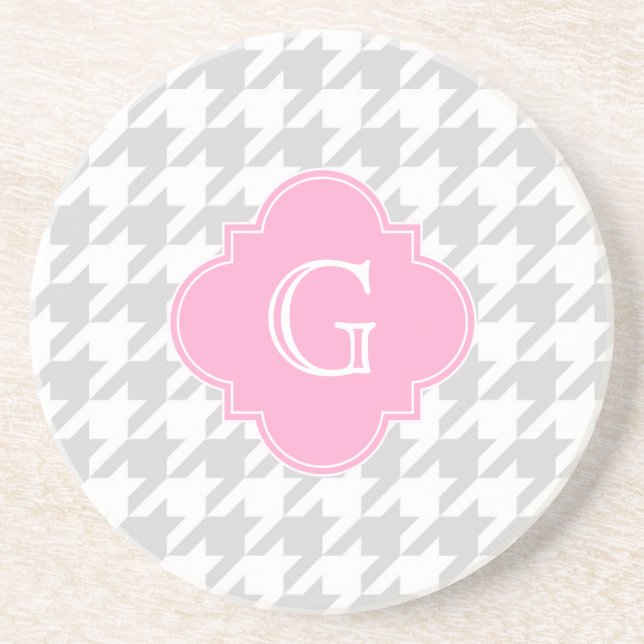 Lt Grey White Houndstooth Pink Monogram Label Coaster (Front)