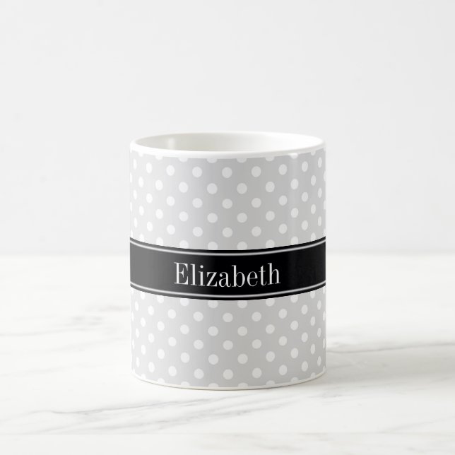 Lt Grey White Polka Dots Black Name Monogram Coffee Mug (Center)