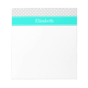 Lt Grey White Polka Dots Brt Aqua Ribbon Monogram Notepad