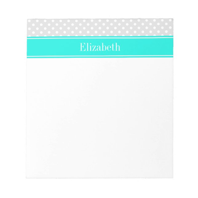 Lt Grey White Polka Dots Brt Aqua Ribbon Monogram Notepad (Front)