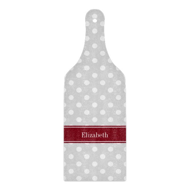 Lt Grey White Polka Dots Burgundy Name Monogram Cutting Board (Front)