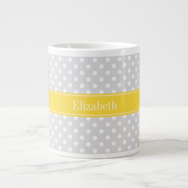 Lt Grey White Polka Dots Pineapple Name Monogram Large Coffee Mug (Front)