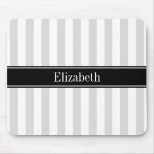 Lt Grey White Stripe Black Name Monogram Mouse Pad