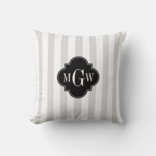 Lt Grey White Stripe Black Quatrefoil 3 Monogram Cushion