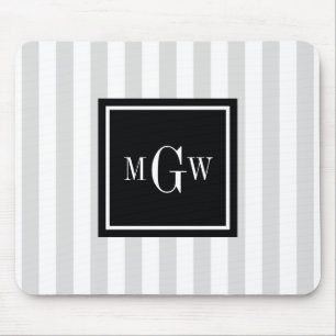Lt Grey White Stripe Black Square 3 Monogram Mouse Pad
