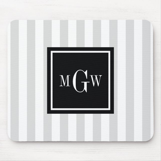 Lt Grey White Stripe Black Square 3 Monogram Mouse Pad (Front)