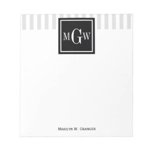 Lt Grey White Stripe Black Square 3 Monogram Notepad