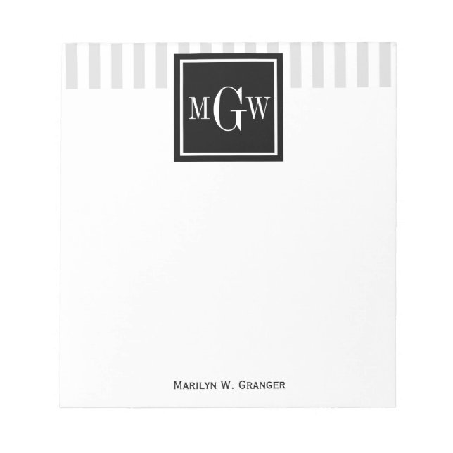 Lt Grey White Stripe Black Square 3 Monogram Notepad (Front)
