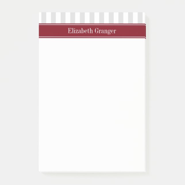 Lt Grey White Stripe Burgundy Name Monogram Post-it Notes (Front)