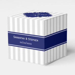 Lt Grey White Stripe Navy Blue Name Monogram Favour Box