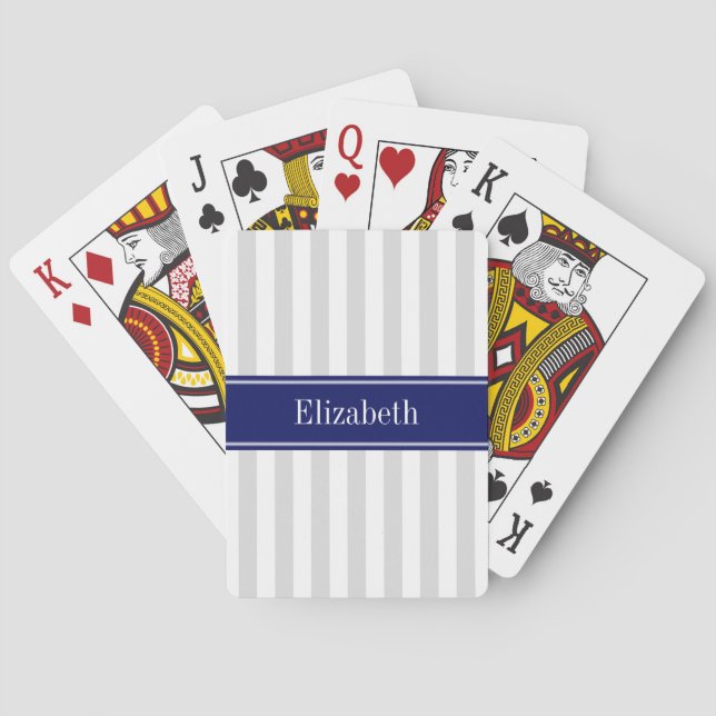 Lt Grey White Stripe Navy Blue Name Monogram Playing Cards (Back)