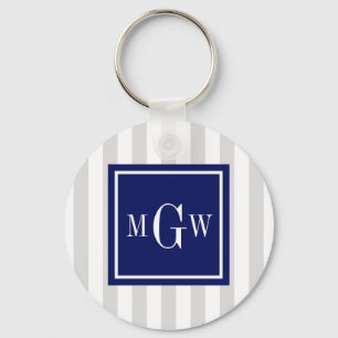 Lt Grey White Stripe Navy Square 3 Monogram Key Ring