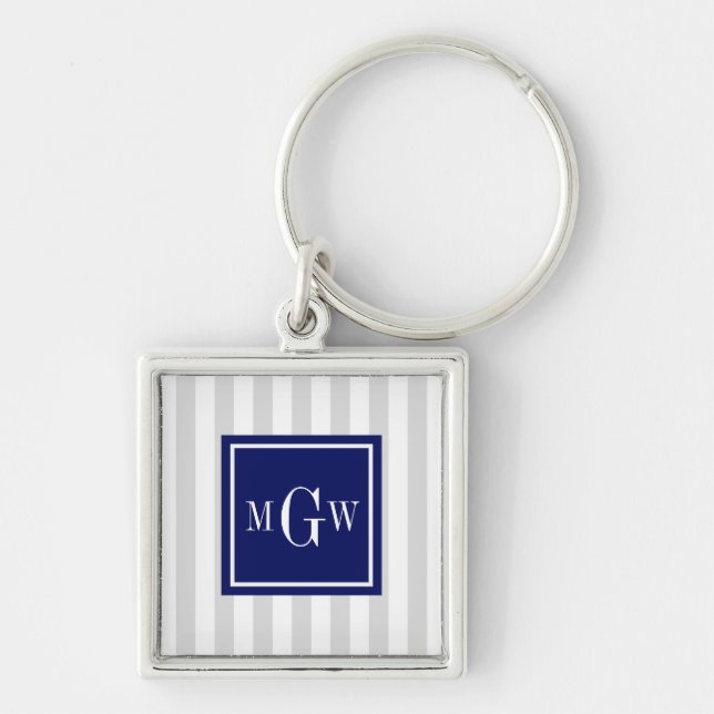 Lt Grey White Stripe Navy Square 3 Monogram Key Ring (Front)